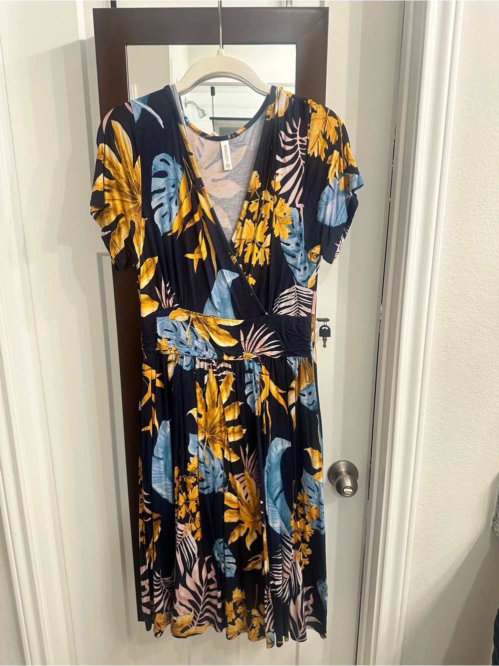 Navy Floral Wrap-Style Dress with Mustard & Sky Blue Leaves